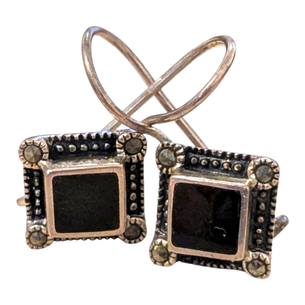 Vintage estate Black Onyx Square 925 Sterling Silver rare black rhinestone